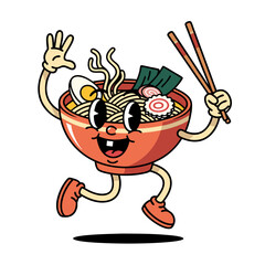 Joyful Cartoon Noodle Dish Character Running with Eating Utensils