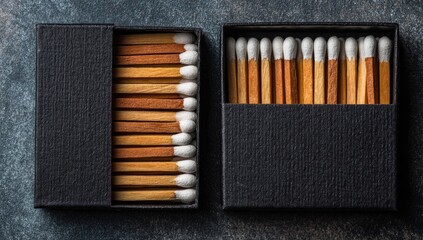Two black matchboxes, filled with wooden matches, on a dark surface
