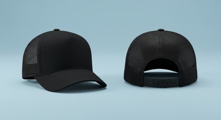 Black trucker cap mockup, front and back view on plain background. Modern, minimal design for branding, apparel showcase, fashion presentation, or product advertising.