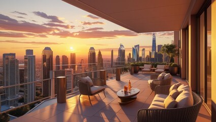 Panoramic city view from a luxurious rooftop terrace at sunset.