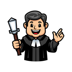 Smiling Cartoon Judge Holding Gavel In Black Robe
