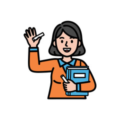 Smiling Person Instructor Holding Books And Chalk, Orange Sweater, Simple Cartoon Illustration