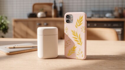 A blush pink phone case with gold leaf design rests on a light wood table next to a small white container, a notebook, and pencil; sunlight illuminates the scene
