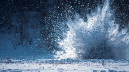Snow Explosion on Ground: Winter Impact of Snowblower Blast in Arctic Landscape