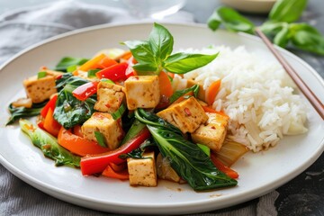 Grilled chicken breast with fresh vegetables and rice on a white plate
