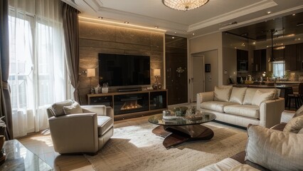 Luxurious living room with open kitchen view.