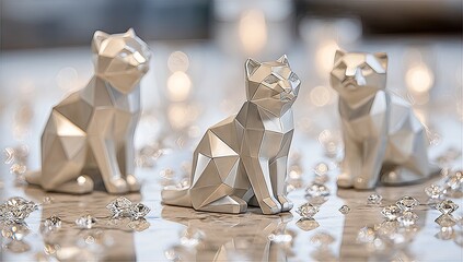 Three silver polygonal cat figurines