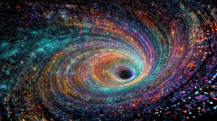 A vibrant, colorful cosmic vortex spins toward a central black hole, abstract swirling art