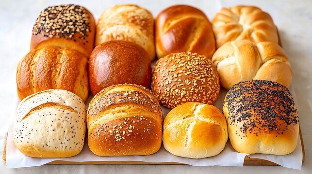 Variety of bread loaves with sesame and poppy seeds. Artisan bakery assortment with rustic textures. Real Bread Week and natural baking promotion