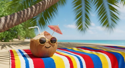 Animated coconut character with sunglasses and drink enjoys beach vacation.