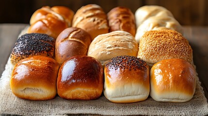 Rustic assortment of bread loaves on burlap cloth. Freshly baked artisan bread with seeds and grains. Real Bread Week concept for natural baking