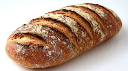 Crusty artisan sourdough loaf with flour dust on white background. Rustic and homemade bread concept for Real Bread Week and traditional baking