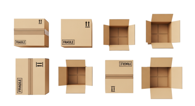 Assorted Cardboard Boxes with Fragile Warnings.