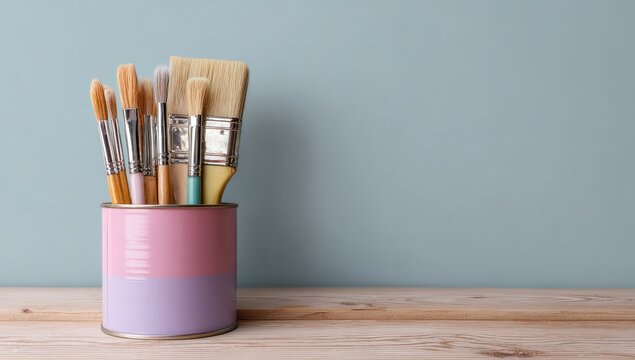 Assorted paintbrushes of varying sizes and bristle types stand upright in a repurposed pastel pink and lavender paint can on a light wood surface against a muted blue-green wall