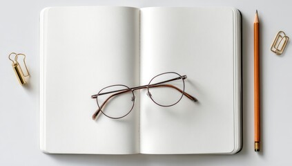 Flatlay of open notebook, round glasses, pencil, and gold paperclip on white background