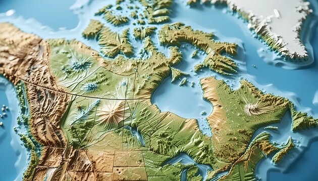 Detailed Topographic Map of Canada and the United States, Relief Model