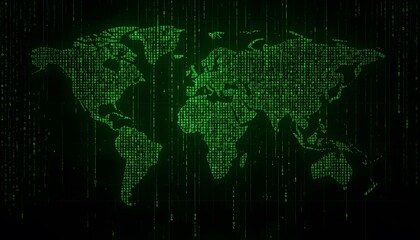 Global Digital Matrix: World Map Rendered in Green Binary Code