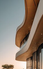 Architectural detail of a modern building. Curved, light-colored facade with warm-toned panels and glass balconies