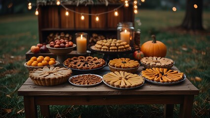 A bountiful outdoor harvest festival table laden with pumpkin pies, tarts, and fresh pumpkins under warm string lights. Autumn celebration concept