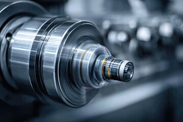 Close-up of a precision metalworking machine part, featuring intricate rotating components and polished surfaces