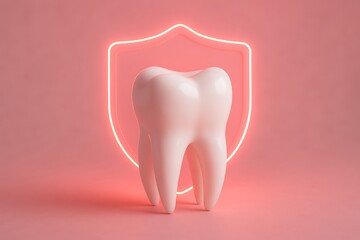 Protective dental care concept with a glowing pink shield and tooth symbolizing oral health, hygiene, and care for a bright smile Dental care background