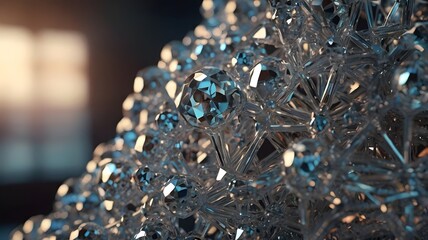 Abstract Geometric Crystal Sculpture, Transparent Polygonal Facets on Dark Background Macro