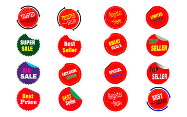 Promotional badge sticker bundle vector set with best seller, top seller, register now, special offer icons