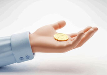 A hand with a blue shirt sleeve holding a gold coin on a white background in a well lit setting