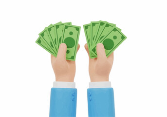 Two hands holding fanned stacks of green paper currency against a plain white background image view