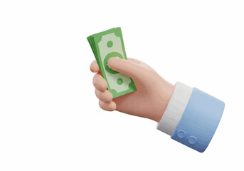 A stylized hand in a blue suit holding a stack of green money with a white background in the image