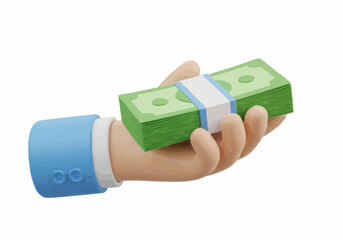 A hand in a blue suit holding a stack of green money with a white band around it on a white background