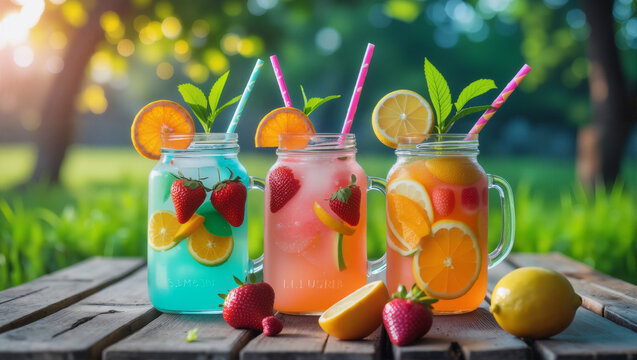 Vibrant summer drinks in mason jars under sunlight
