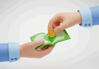 Hand putting a gold coin on a stack of green paper money in a financial transaction scenario image
