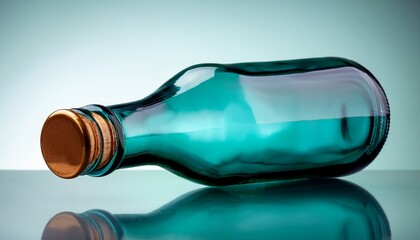 teal glass bottle with light brown cap on studio surface