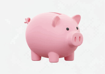 A pink piggy bank with a coin slot on top, four legs, a tail and a snout on a white background