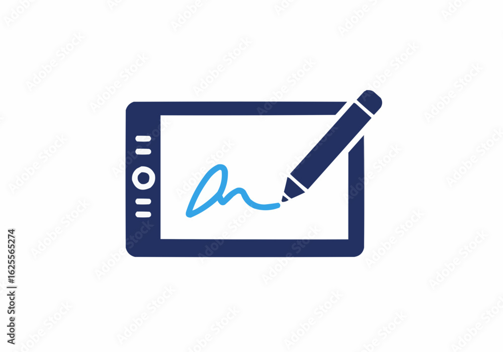 Poster illustration of a blue digital tablet with a stylus and a signature on the screen display device