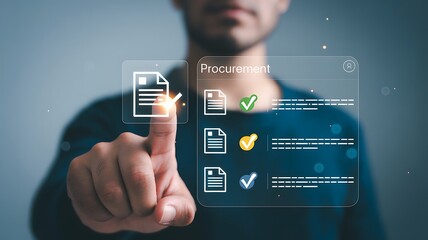 Man interacting with digital document list on futuristic interface