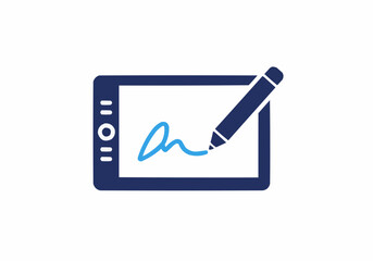 Illustration of a blue digital tablet with a stylus and a signature on the screen display device