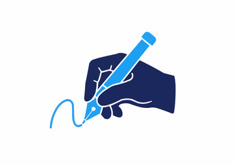 A hand holding a blue fountain pen writing a wavy line on a white background in a simple illustration