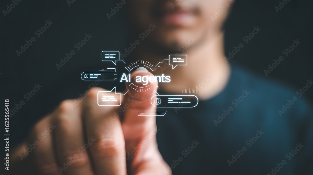 Aufkleber person touching a holographic interface displaying ai agents and data