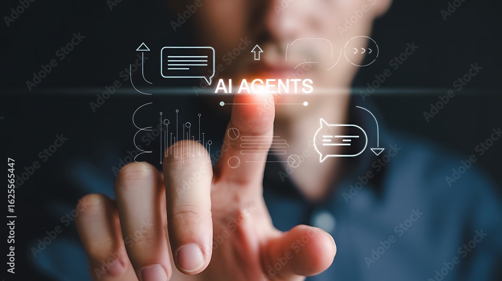 Poster person touching a digital interface displaying ai agents and chat bubbles