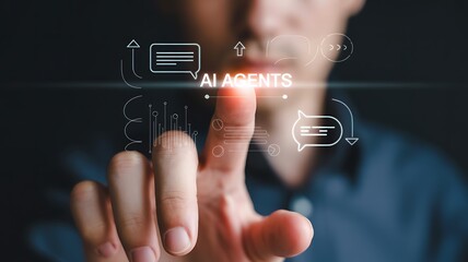 Person touching a digital interface displaying ai agents and chat bubbles
