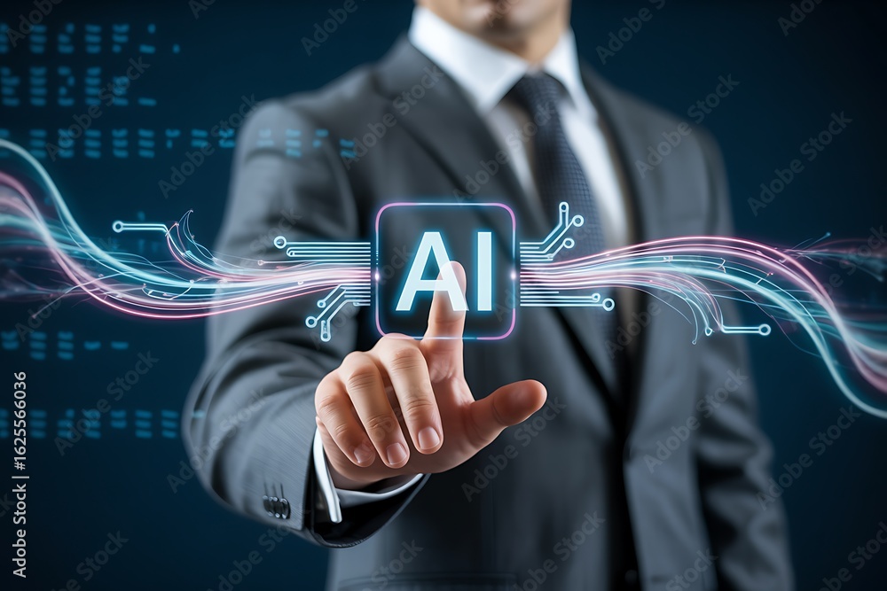 Poster businessman touching a digital ai interface with glowing data streams
