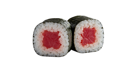 Two pieces of tuna maki sushi, seaweed wrapped, rice, fresh tuna filling.
