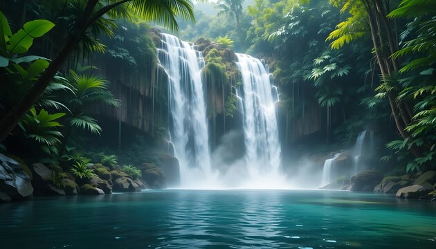 Crystal-clear waterfall in a tropical jungle with rainbow mist