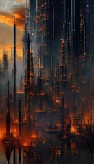 Obraz premium Dark Futuristic Cyberpunk Cityscape with Glowing Skyscrapers, Golden Lights at Night