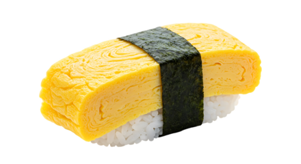 A single piece of Japanese tamagoyaki nigiri sushi with a rolled egg omelette and nori seaweed on rice.