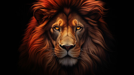 Fototapeta premium Majestic close-up portrait of an African lion with a fierce, powerful gaze and fiery mane. Perfect for representing leadership, strength, courage, or wildlife conservation themes