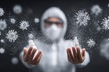 Person in protective gear spraying disinfectant, virus imagery