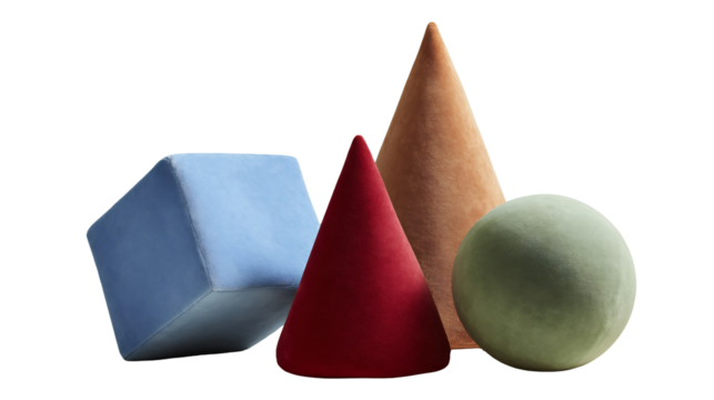 Plush geometric shapes still life photography featuring cube cone sphere design elements art projects on transparent background